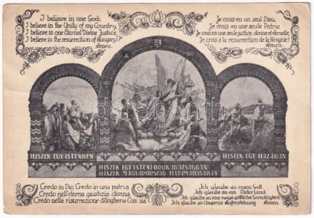 Hiszek egy istenben...A Hiszekegy négy nyelven. Magyar Nemzeti Szövetség / Hungarian irredenta propaganda (fa)