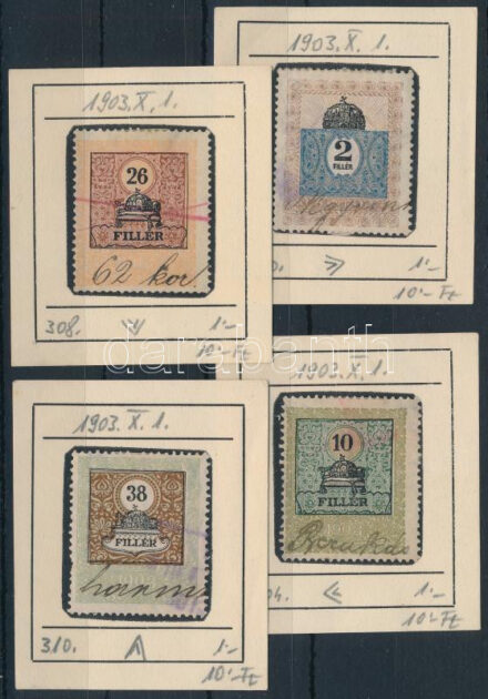 4 db régi okmánybélyeg csillagvízjellel / 4 fiscal stamps with star in watermark