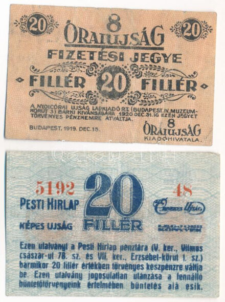Budapest 1919. 20f '8 Órai Újság fizetési jegye' + ~1920. 20f Pesti Hírlap piros számozás, 4+2 szám T:F,VG az egyik ragasztott Adamo BUC-195.2, BUC-215.1