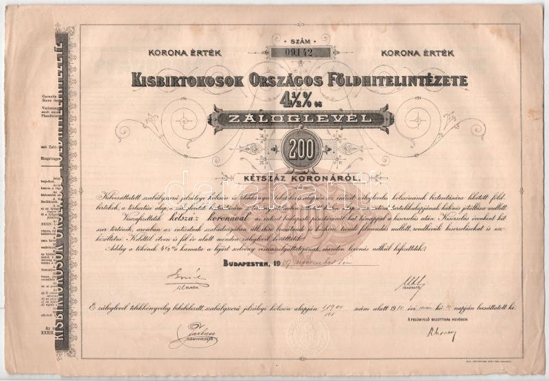 Budapest 1909. 'Kisbirtokosok Országos Földhitelintézete' 4 1/2%-os záloglevele 200K-ról, magyar, német és francia nyelven, szárazpecséttel, szelvényekkel T:F