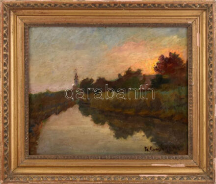 Sz. Csapó Márton (1889-?): Naplemente a vízparton, 1930. Olaj, karton. Jelzett. Dekoratív, kissé sérült fakeretben. 35×43 cm