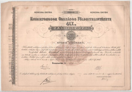 Budapest 1910. 'Kisbirtokosok Országos Földhitelintézete' 4 1/2%-os záloglevele 200K-ról, magyar, német és francia nyelven, szárazpecséttel, szelvényekkel T:F