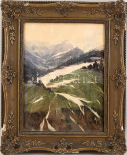 Kövesdy Géza (1887-1950): Hófoltok. Akvarell, papír, jelzett. Hátoldalán 1927-ben rendezett Nemzeti Szalon kissé sérült raglapjával. Dekoratív, sérült, üvegezett fakeretben. 40×30 cm