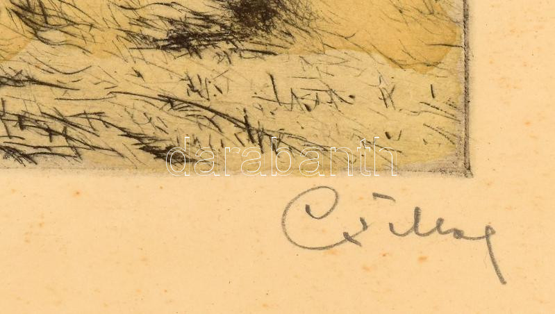 Csillag József (1894-1977): Takarodás. Színezett rézkarc, papír, jelzett, üvegezett fakeretben, 21x28 cm - Image 2