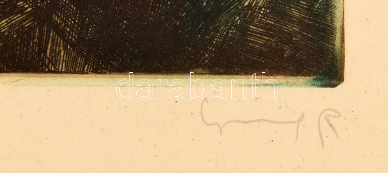 Görög Rezső (1930- ?): Pihenő (Olvashatatlan címmel). Színes rézkarc, papír, jelzett. Dekoratív, üvegezett fakeretben, 29×39 cm - Image 2