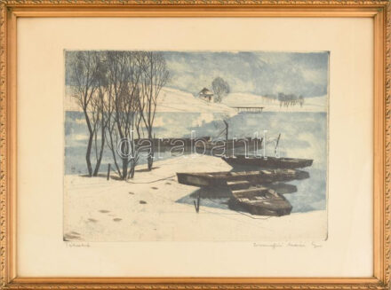 Csurgói Máté Lajos (1931-2001): Télutó. Színes rézkarc, papír, jelzett. Dekoratív, üvegezett fakeretben, 27,5×35 cm