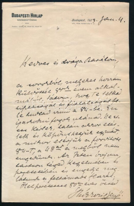 1923 Rákosi Jenő (1842-1929) író, újságíró színházigazgató autográf levele Kedves és drága barátom! megszólítással Sigray Pálnak születésnapjára küldött üzenet megköszönése