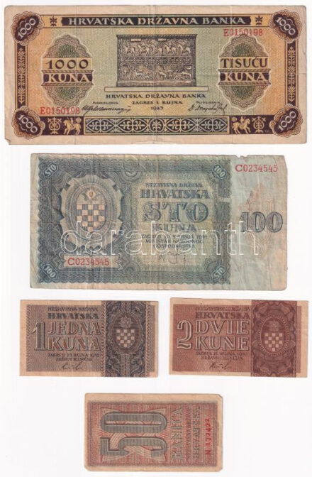 Horvátország / Független Horvát Állam 1941. 100K + 1942. 50b + 1K + 2K + 1943. 1000K T:F,VG Croatia / Independent State of Croatia 1941. 100 Kuna + 1942. 50 Banica + 1 Kuna + 2 Kuna + 1943. 1000K C:F,VG