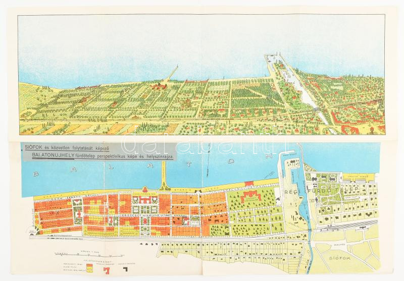 cca 1930 Siófok és a közvetlen folytatását képző Balatonújhely perspektivikus helyszínrajza. 50x35 cm