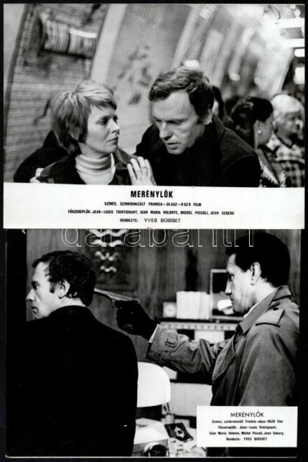 cca 1972 ,,Merénylők' című francia, olasz, NSZK film jelenetei és szereplői, 12 db vintage produkciós filmfotó, ezüst zselatinos fotópapíron, csak négy kép feliratozott, a használatból eredő (esetleges) kisebb hibákkal, 18x24 cm