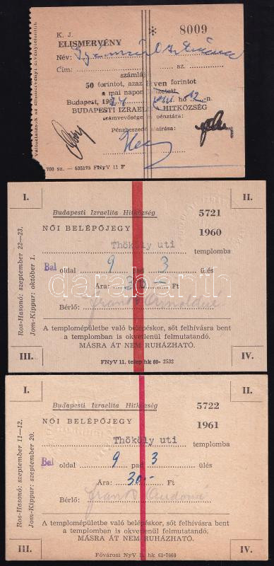1960-1974 Budapesti Izraelita Hitközség nyugtája 50 Ft befizetéséről + 2 db női belépőjegy a Thököly úti zsinagógába