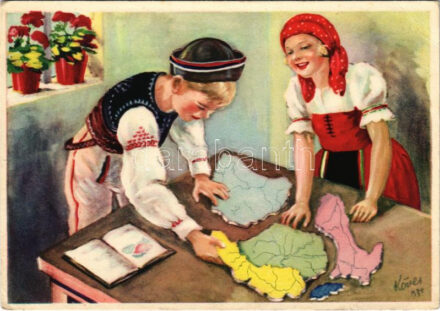 Ma csak gyermekjáték, holnap szent igazság: Az Isten remekét újból összerakják! Magyar Nemzeti Szövetség, Magyar Földrajzi Intézet rt. / Hungarian irredenta propaganda, folklore, Trianon map. s: Köves (EB)