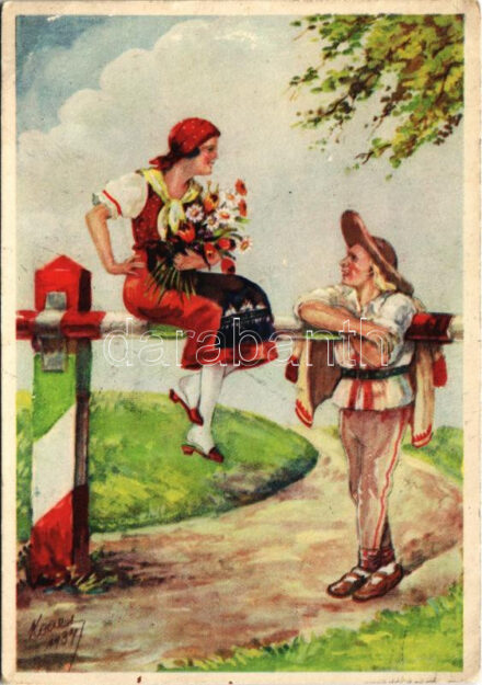 Mit bosszú eszelt ki s fondorlatos elme: a gonosz határon győz a szív szerelme. Kiadja a Magyar Nemzeti Szövetség, Magyar Földrajzi Intézet rt. / Hungarian irredenta propaganda, Trianon s: Köves (EK)