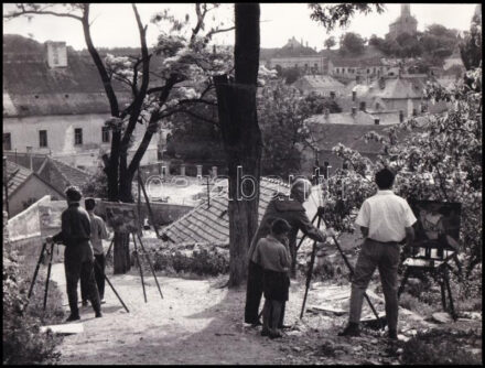 1962 Veszprém, Kalmár Károly feliratozott, vintage fotóművészeti alkotása (A festő brigád), ezüst zselatinos fotópapíron, 18x24 cm