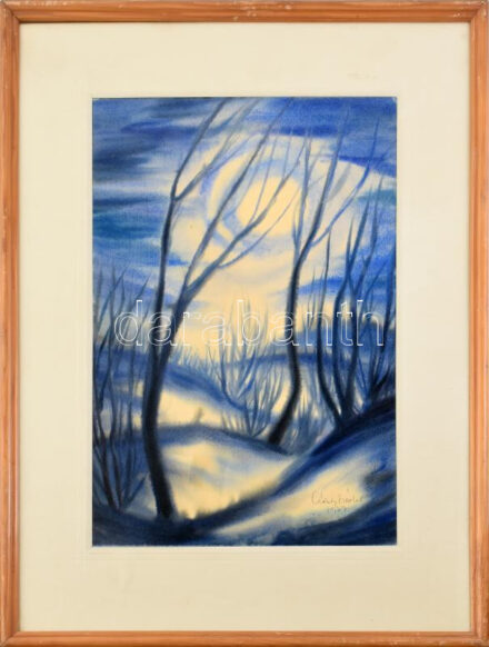 Székely Erzsébet (1887-1979), erdélyi festő: Téli hangulat, 1977. Akvarell, papír, jelzett, üvegezett fakeretben, 50×32 cm