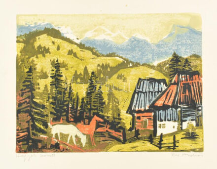 Rác András (1926-2013): Hegyek között. Színes linómetszet, papír, jelzett, 25×34 cm