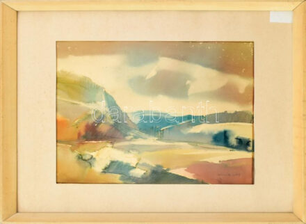 Udvardi Erzsébet (1929-2013): Balatoni táj. Akvarell, papír, jelezve jobbra lent, üvegezett fakeretben, 34×49 cm / Erzsébet Udvardi (1929-2013): Lake Balaton. Watercolour on paper, signed, framed