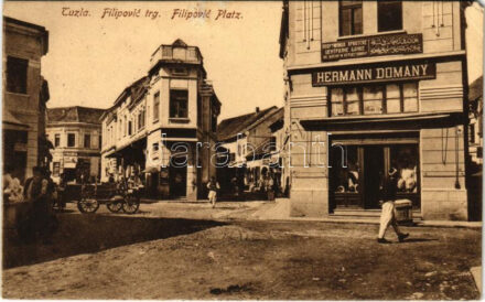 1917 Tuzla, Filipovic trg. / shop of Hermann Domany, square + 'K. und K. Milit. Post Tuzla' (EK)