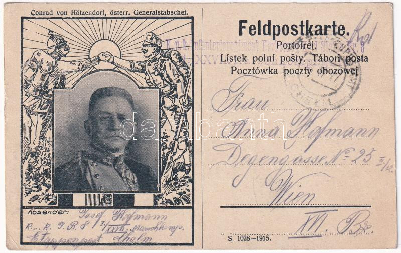 1917 Feldpostkarte. Conrad von Hötzendorf, österr. Generalstabschef / Első világháborús osztrák-magyar katonai tábori posta, Viribus Unitis propaganda / WWI K.u.k. military field post (EK)