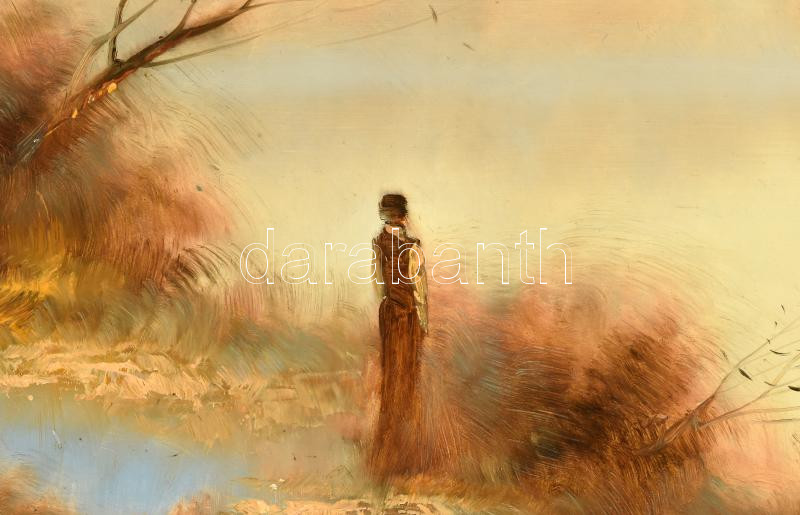 Csáky Lajos (1950-): Őszi séta. Olaj, farost, jelzett, hátoldalán autográf felirattal és címkén feliratozott. Sérült fakeretben, 50×70 cm - Image 2