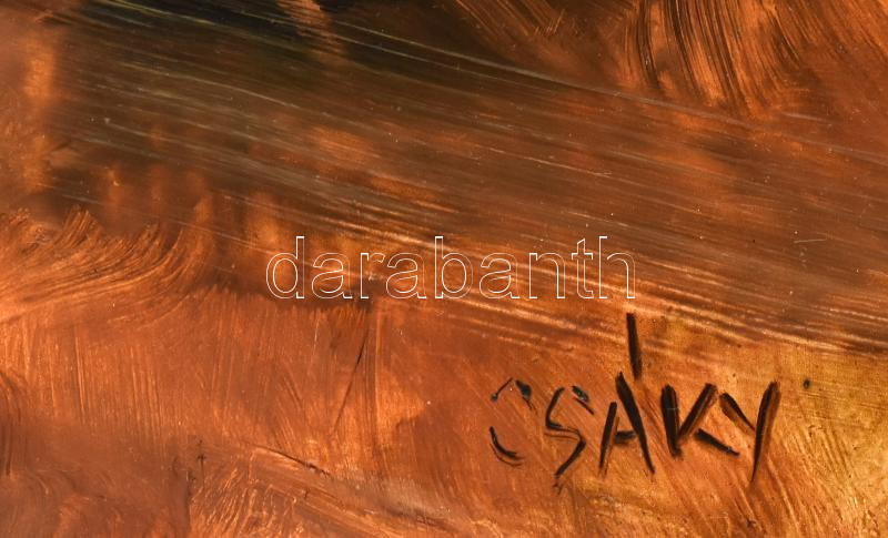 Csáky Lajos (1950-): Őszi séta. Olaj, farost, jelzett, hátoldalán autográf felirattal és címkén feliratozott. Sérült fakeretben, 50×70 cm - Image 3