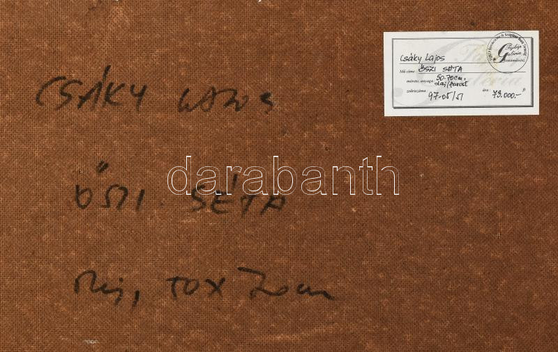 Csáky Lajos (1950-): Őszi séta. Olaj, farost, jelzett, hátoldalán autográf felirattal és címkén feliratozott. Sérült fakeretben, 50×70 cm - Image 4