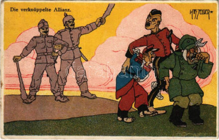 1914 Die verknüppelte Allianz / Első világháborús osztrák-magyar antanthatalmak-ellenes katonai propaganda / WWI K.u.k. anti-Entente Powers (Allies of World War I) military propaganda, Viribus Unitis. B.K.W.I. 757-1. s: Karl Theodor Zelger