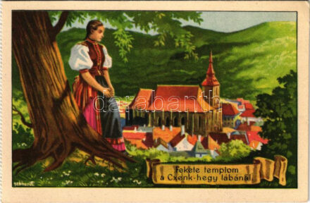 Brassó, Kronstadt, Brasov; Fekete templom a Cenk hegy lábánál. Kiadja a Székely Egyetemi és Főiskolai Hallgatók Egyesülete / Biserica Neagra, Tampa / Hungarian irredenta propaganda art postcard, Lutheran church, mountain s: Gebhardt