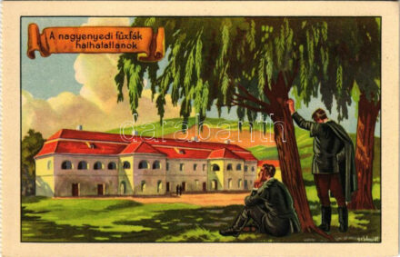 Nagyenyed, Aiud; 'A nagyenyedi fűzfák halhatatlanok.' Kollégium. Kiadja a Székely Egyetemi és Főiskolai Hallgatók Egyesülete / Hungarian irredenta propaganda art postcard, boarding school s: Gebhardt (képeslapfüzetből / from postcard