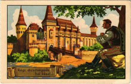 Vajdahunyad, Hunedoara; 'Régi dicsőségünk hol késel...' Kiadja a Székely Egyetemi és Főiskolai Hallgatók Egyesülete / Cetatea (Castelul) Huniadestilor / Hungarian irredenta propaganda art postcard, castle s: Gebhardt (képeslapfüzetből