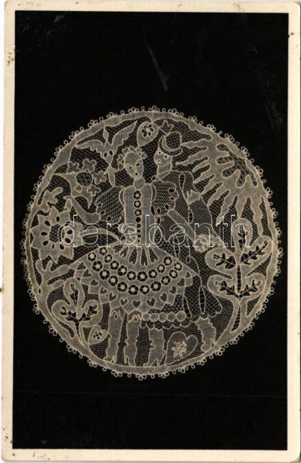 1937 Kiskunhalas, Halasi csipke (17x17cm) No. XII. magyar folklór / Hungarian folklore, lace made in Halas (ragasztónyom / glue marks)
