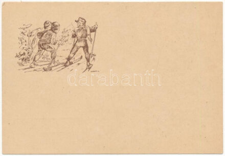 Síelő cserkészek, téli sport / Hungarian boy scout art postcard, skiing, winter sport s: Márton L. (EK)