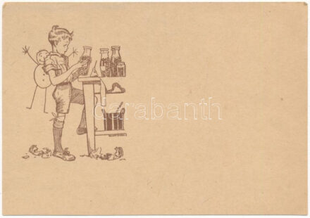Cserkész a kamrában / Hungarian boy scout art postcard, pantry s: Márton L. (EK)