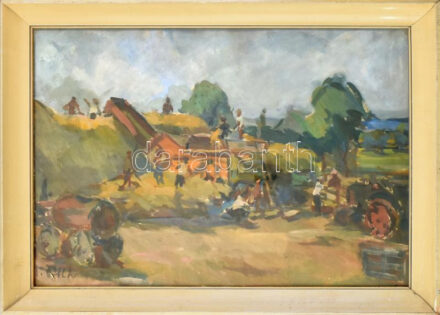 V. Tóth László (1930-2001): Cséplés. Olaj, karton. Jelezve balra lent. Hátoldalán egy másik mű vázlatával, autográf felirattal és Képcsarnok Vállalat címkéivel. Üvegezett fakeretben, 45×65 cm. / oil on board, signed, framed