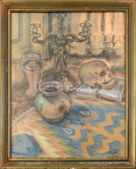 Platthy György (1908-2003): Memento mori, 1945. Pasztell, papír. Jelezve jobbra lent. Üvegezett fakeretben, 70×50 cm.