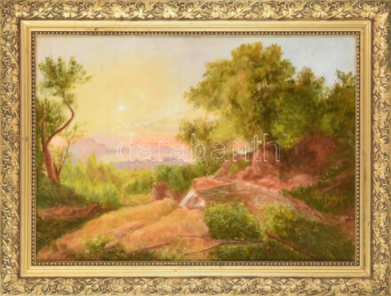 B. Tóth János (1960-): Romantikus táj vízeséssel. Olaj, vászon, faroston. Jelezve jobbra lent. Hátoldalán címkén feliratozott. Dekoratív fakeretben, 50×70 cm.