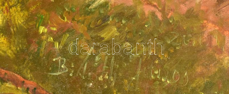 B. Tóth János (1960-): Romantikus táj vízeséssel. Olaj, vászon, faroston. Jelezve jobbra lent. Hátoldalán címkén feliratozott. Dekoratív fakeretben, 50×70 cm. - Image 2