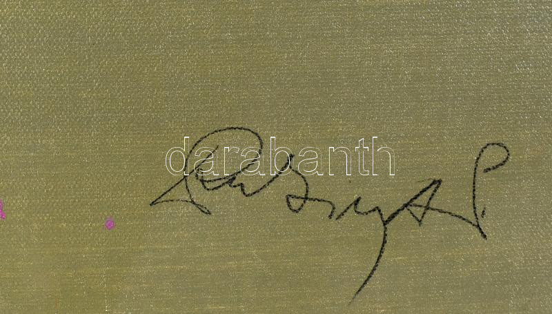 Rubint Ávrahám Péter (1958-): Befejezetlenség, 2001. Olaj, vászon, jelezve jobbra lent, a hátoldalán autográf felirattal, 60×60 cm / Oil on canvas, signed, with autograph description on the reverse, 60×60 cm - Image 2