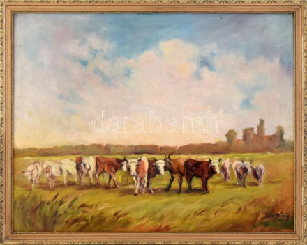 Iván Károly (?-): Legelésző tehenek. Olaj, vászon, jelezve jobbra lent. Dekoratív, sérült fakereteben. 54×70 cm