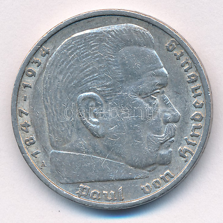 Német Harmadik Birodalom 1936A 5M Ag 'Hindenburg' T:XF,VF karc German Third Reich 1936A 5 Reichsmark Ag 'Hindenburg' C:XF,VF scratch Krause KM#86