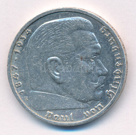 Német Harmadik Birodalom 1937E 5M Ag 'Hindenburg' T:XF kis ph German Third Reich 1937E 5 Reichsmark Ag 'Hindenburg' C:XF small edge error Krause KM#86