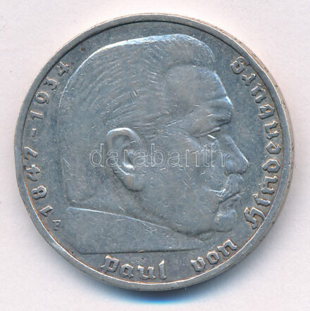 Német Harmadik Birodalom 1936F 5M Ag 'Hindenburg' T:XF ph German Third Reich 1936F 5 Reichsmark Ag 'Hindenburg' C:XF edge error Krause KM#86