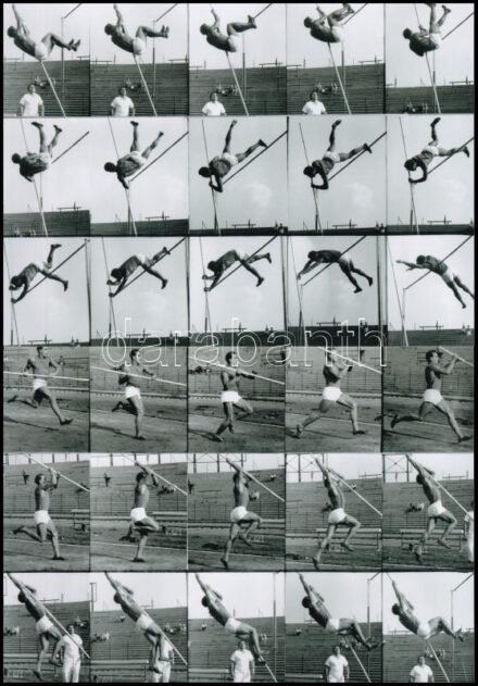 cca 1939 Kozák Lajos (1906-1975) budapesti fotóriporter saját fejlesztésű kamerájával készített fotósorozatot egy rúdugróról, 2 db modern nagyítás a hagyatékából, 15x21 cm
