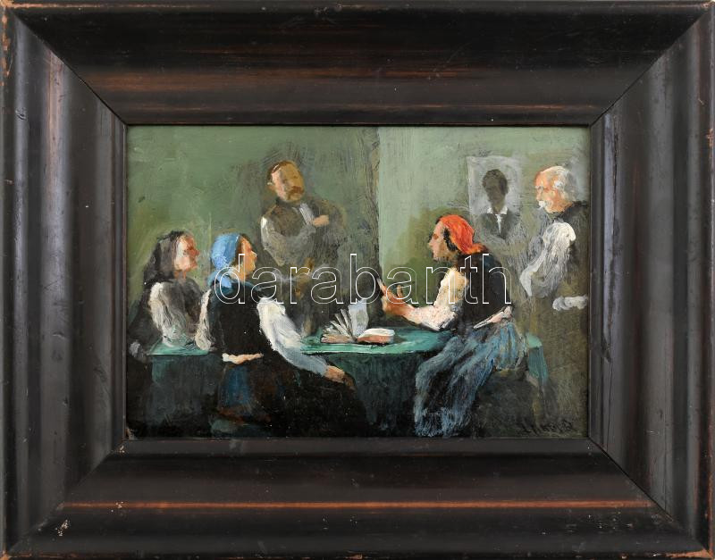 Lakos Alfréd (1870-1961): Felemelkedés, az irodalmi vita vázlata. Olaj, karton. Jelezve jobbra lent. Hátoldalán autográf felirattal. 15x21 cm. Dekoratív fakeretben. / oil on board, signed, with autograph description on the reverse, framed