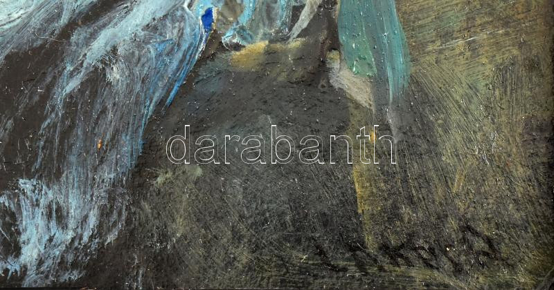 Lakos Alfréd (1870-1961): Felemelkedés, az irodalmi vita vázlata. Olaj, karton. Jelezve jobbra lent. Hátoldalán autográf felirattal. 15x21 cm. Dekoratív fakeretben. / oil on board, signed, with autograph description on the reverse, framed - Image 2