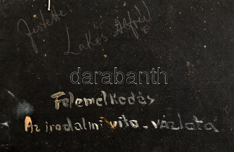 Lakos Alfréd (1870-1961): Felemelkedés, az irodalmi vita vázlata. Olaj, karton. Jelezve jobbra lent. Hátoldalán autográf felirattal. 15x21 cm. Dekoratív fakeretben. / oil on board, signed, with autograph description on the reverse, framed - Image 3