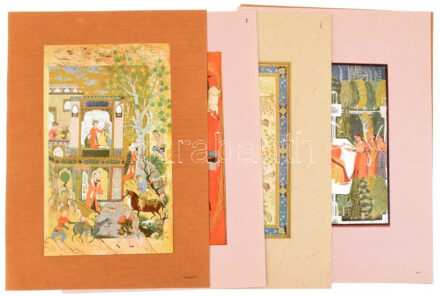 XVI-XVIII. századi indiai illusztrációkról készült modern reprodukciók, 6 db színes képtábla, angol nyelvű leírással, sérült, szétvált kiadói mappában