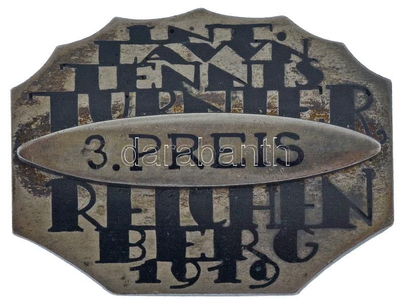 Németország/ Weimari Köztársaság / Reichenberg 1919. 'Nemzetközi Tenisztorna Reichenberg 1919 - 3. díj' zománcozott, jelzett Ag díjjelvény (10,68g/0.900/32x25mm) T:XF German Empire / Weimar Republic / Reichenberg 1919. 'International