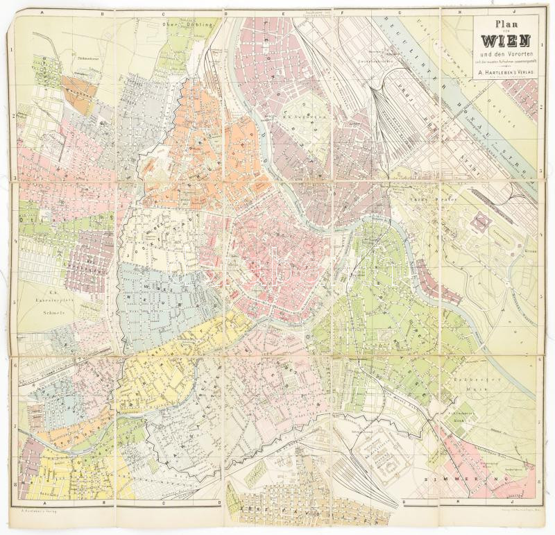 cca 1900 Bécs térképe, Wien, A. Hartleben's Verlag, vászonra kasírozva, hajtott, 49x51 cm