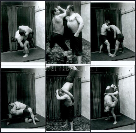 cca 1920 Birkózók edzése és lazító masszázsa, 8 db modern nagyítás, 15x10 cm